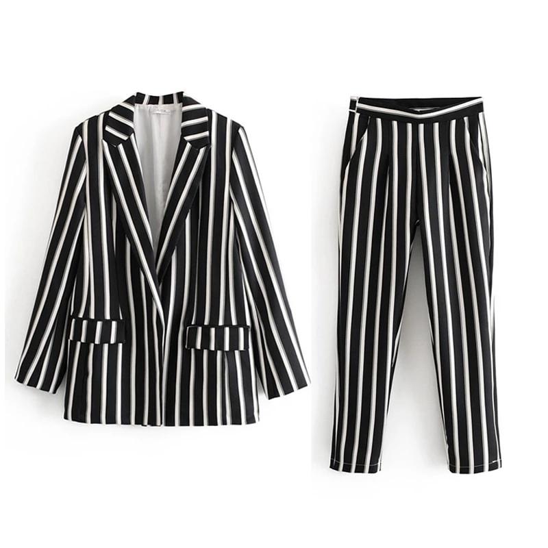 women's black and white striped pants suit