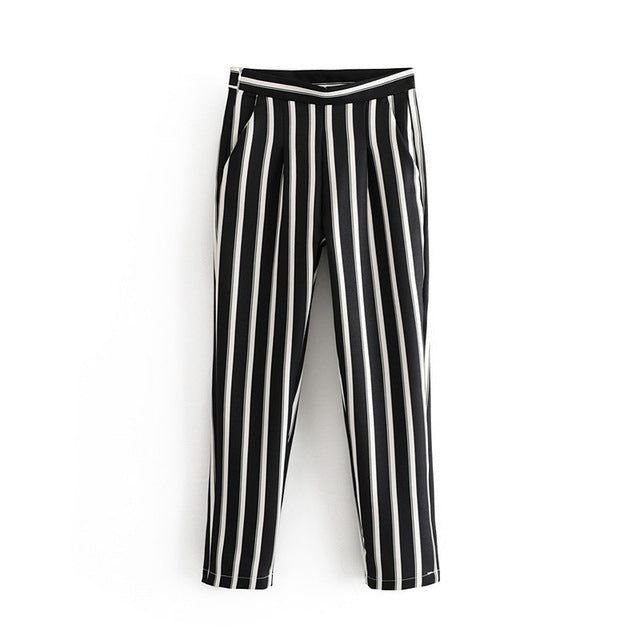 ladies black and white striped trousers