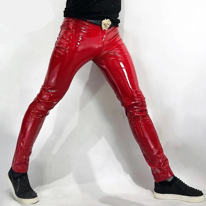 Hot Sexy Red Tight Stretch Mens Mirror PU Leather Pants Gothic Fashion