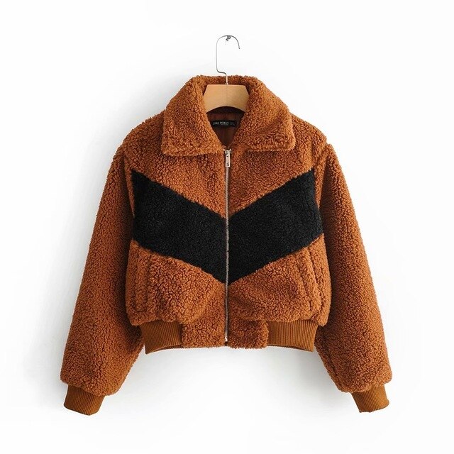 Winter Faux Fur Coat Women Long Sleeve Spliced Short Jacket Soft