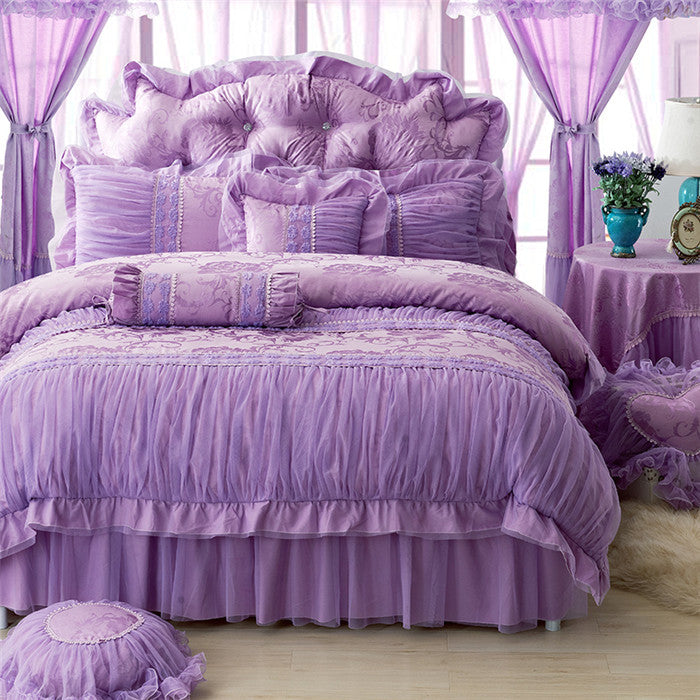 New Purple Lace Bedding Set Bedspread 4pcs Romantic Princess