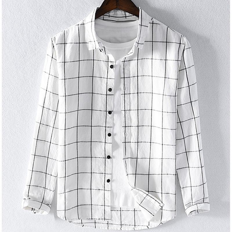 100% Linen shirts mens long sleeve shirts camisa masculina casual lapel plaid mens clothes tops male shirts