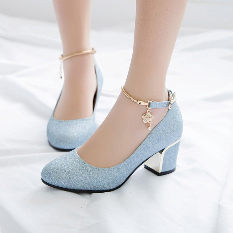 Women Wedding High Heel Shoes Silver Blue Spring Ankle Strap Crystal Shallow Chunky Block Heel Pumps Lady