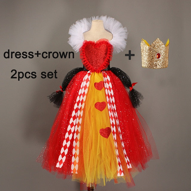 Girl Queen Of Hearts Costume Wonderland Fairy Tale Fancy Dress Sparkly