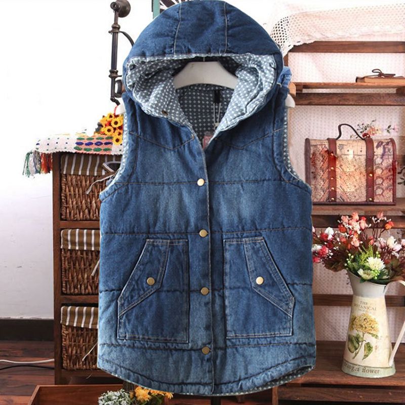 Womens Winter Warm Plus Size Hooded Denim Short Vest Ladies Casual Button Thick Waistcoats Female Free Shipping Single Breasted