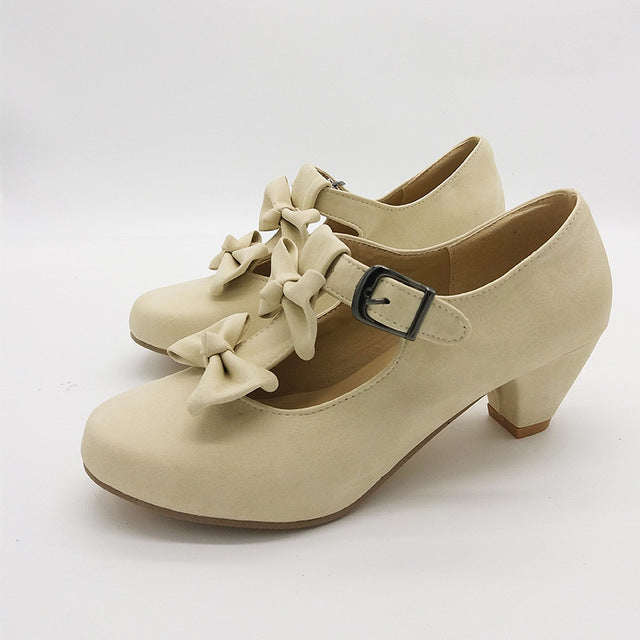 Women Sweet Bow Lolita Low Heel Dress 