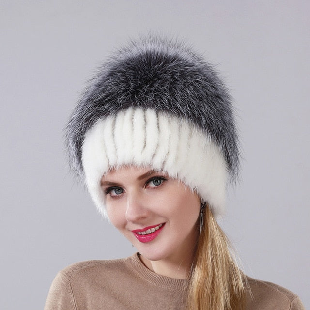 New Style Female Mink Fur Cap Fluffy Silver Fox Part More For