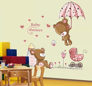 Pink Cartoon Cat Rabbit Flower Wall Sticker For Baby Girls Kids Rooms Home Decor Teddy Bear Umbrella Classroom Wall Decals