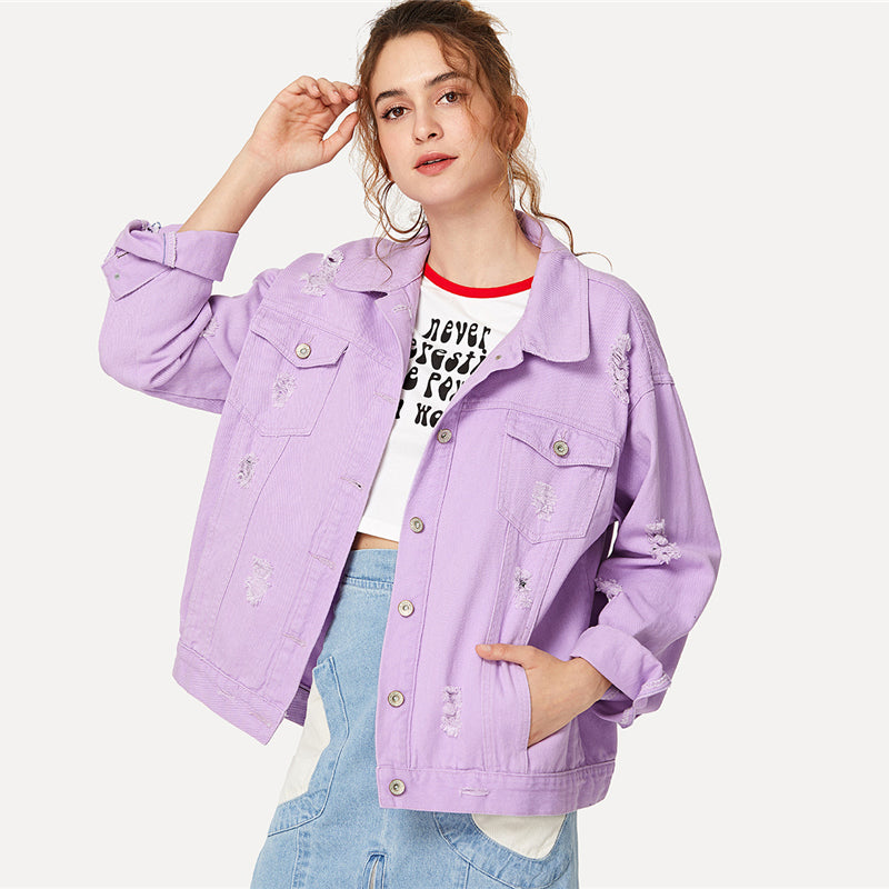 purple denim jacket outfit