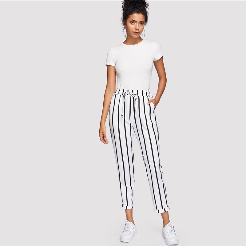 striped trousers womens black and white