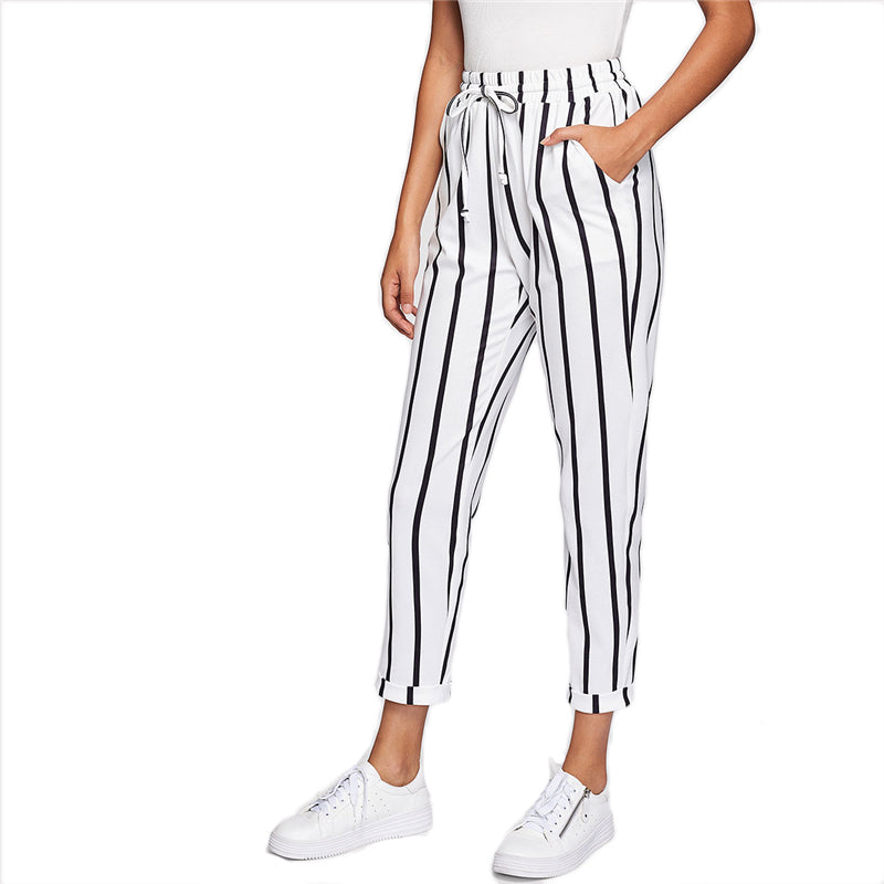 black and white striped high waisted trousers