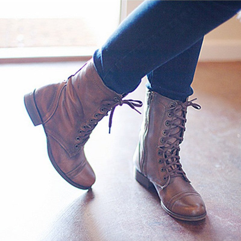 flat leather lace up boots