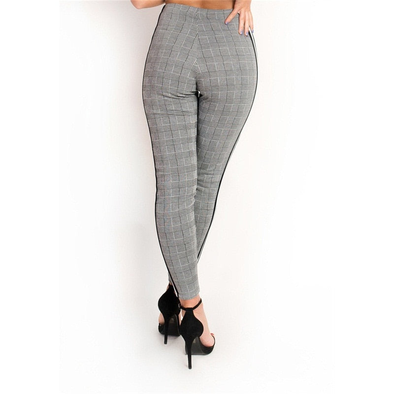 womens plaid pants with side stripe