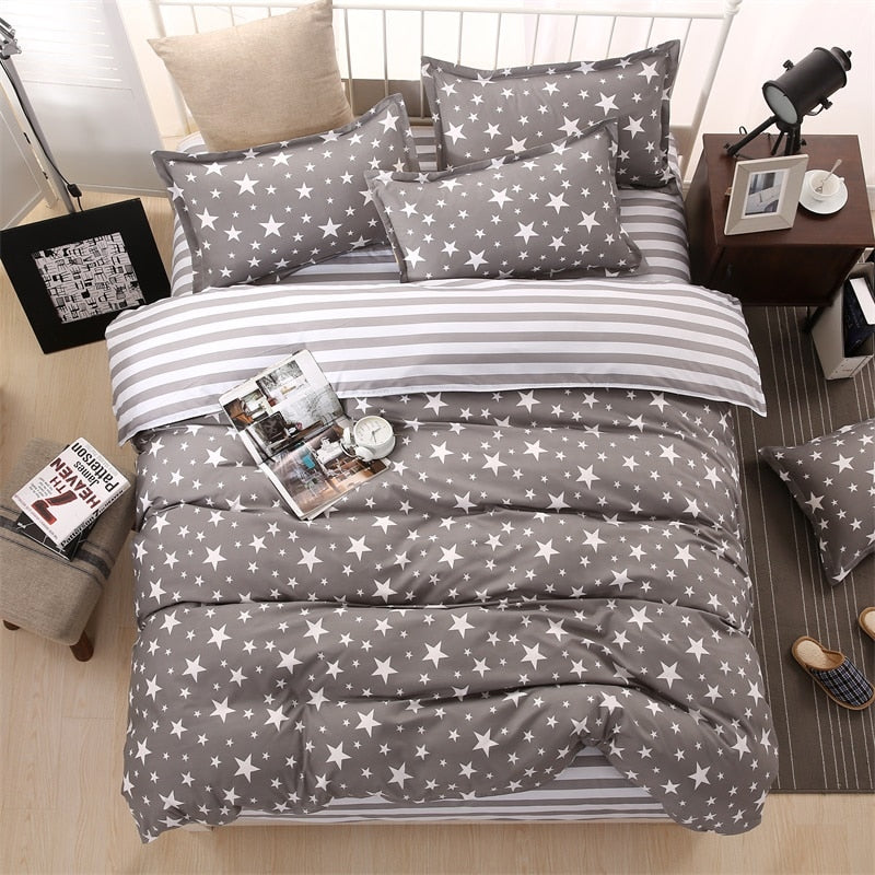 Classic Bedding Set 5 Size Grey Blue Flower Bed Linen 4pcs Set