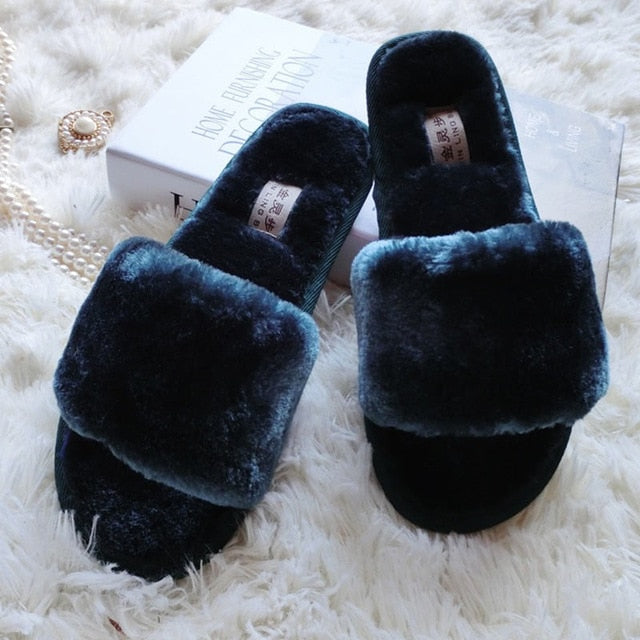 Women Plush Slippers Winter Fluffy Slides Faux Fur House Slipper Not Slip Flat Sandals Female Casual Shoes Zapatos Mujer