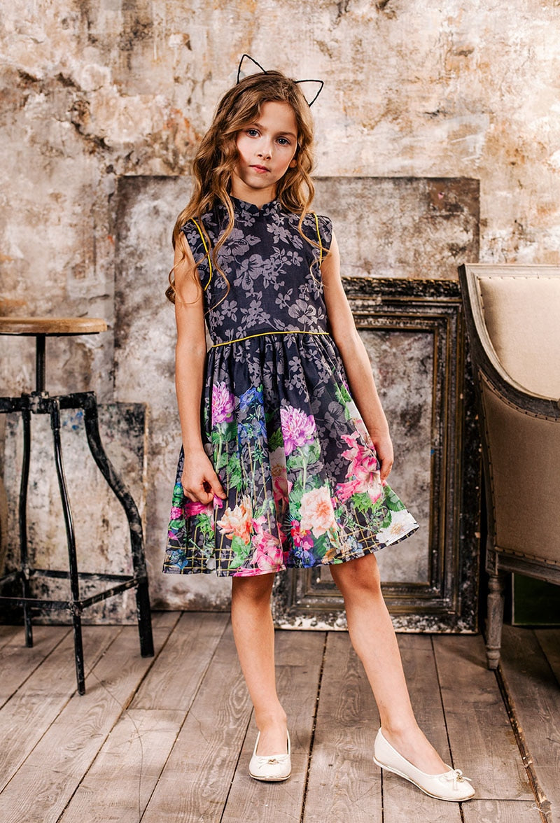 Summer Girls Dress Flower Print Style Dress Kids Princess Dresses For