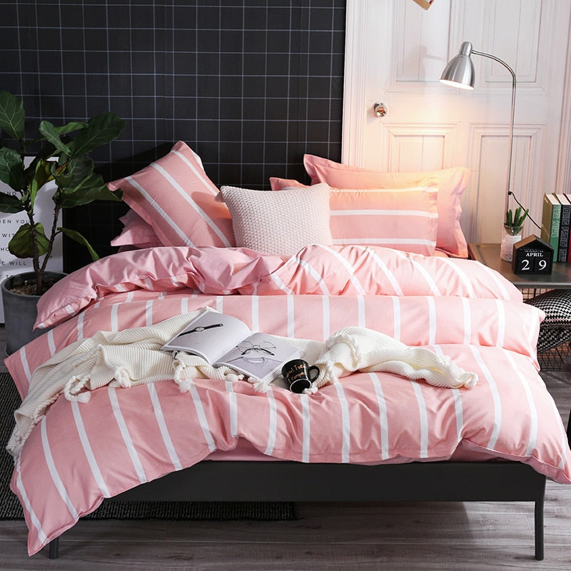 Queen Size Bedclothes Pink Geometric Striped King Size Bed Sheet