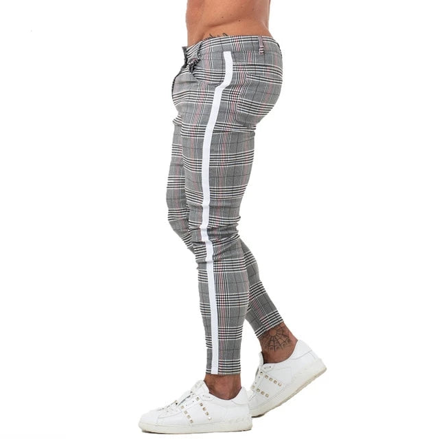 mens plaid pants with side stripe