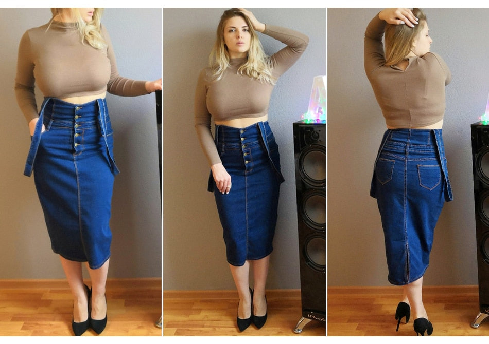 long denim skirt with buttons