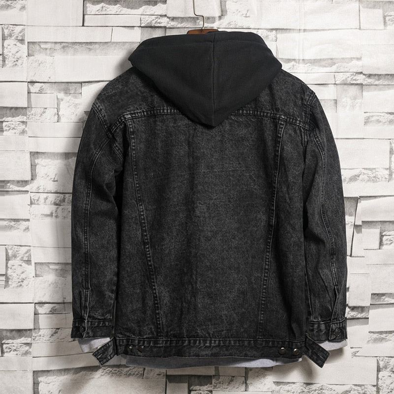 hooded black denim jacket mens