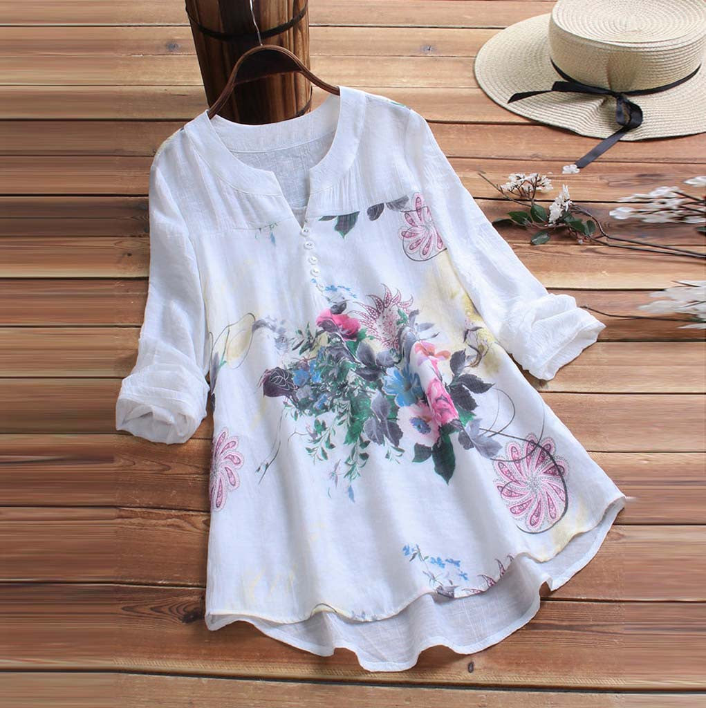 Hedendaags Blouse Women Vintage V-Neck Floral Printing Patch Long Sleeves Top CR-87