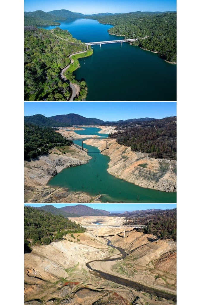 3 pictures of Lake Oroville, CA. Showing how it is Drying out. The first photo is from 3 years ago with High Rise level. The 2nd photo was taken April 27 2021 with almost zero water. The 3rd was taken July 19th 2021 showing zero water in the river !.