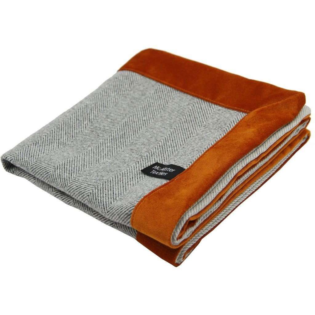 McAlister Textiles Herringbone Wool Grey Orange Throw Blanket