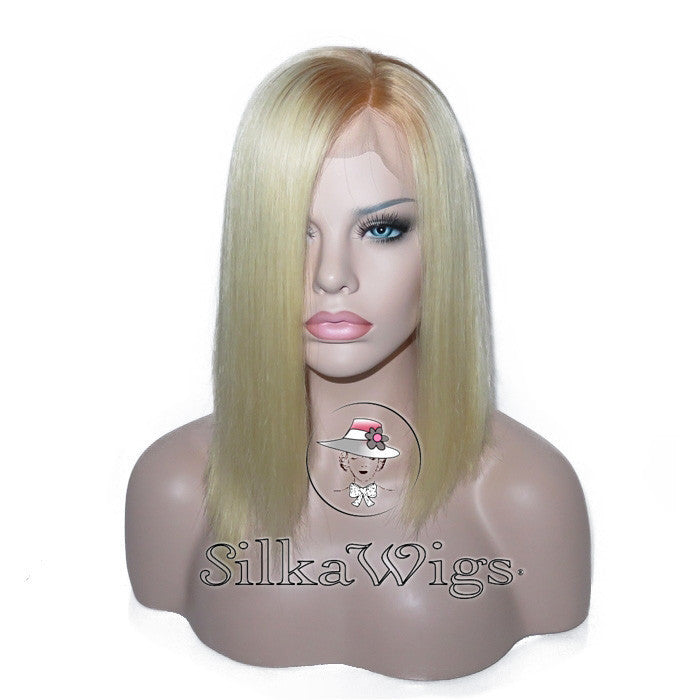 Blonde Dark Root Asymmetrical Bob Lace Front Wig 100 Human Hair