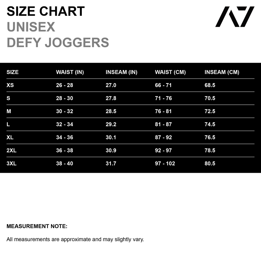 A7 Defy Joggers Size Chart