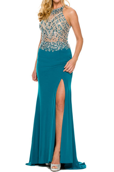 LONG SLITTED ILLUSION JEWELED PROM DRESS in PASTEL COLORS – Journeys ...