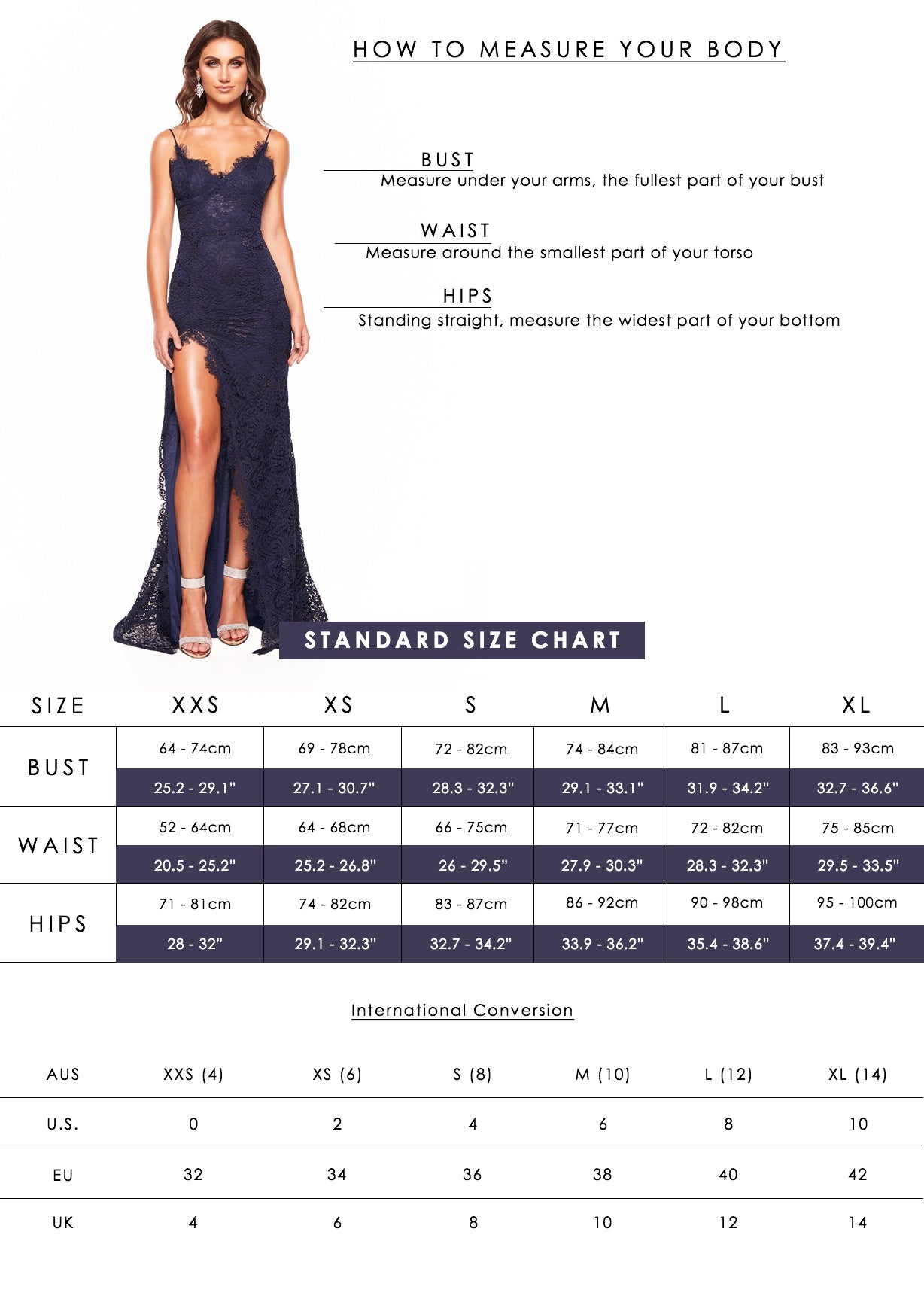 Premier Amour Dresses Size Chart
