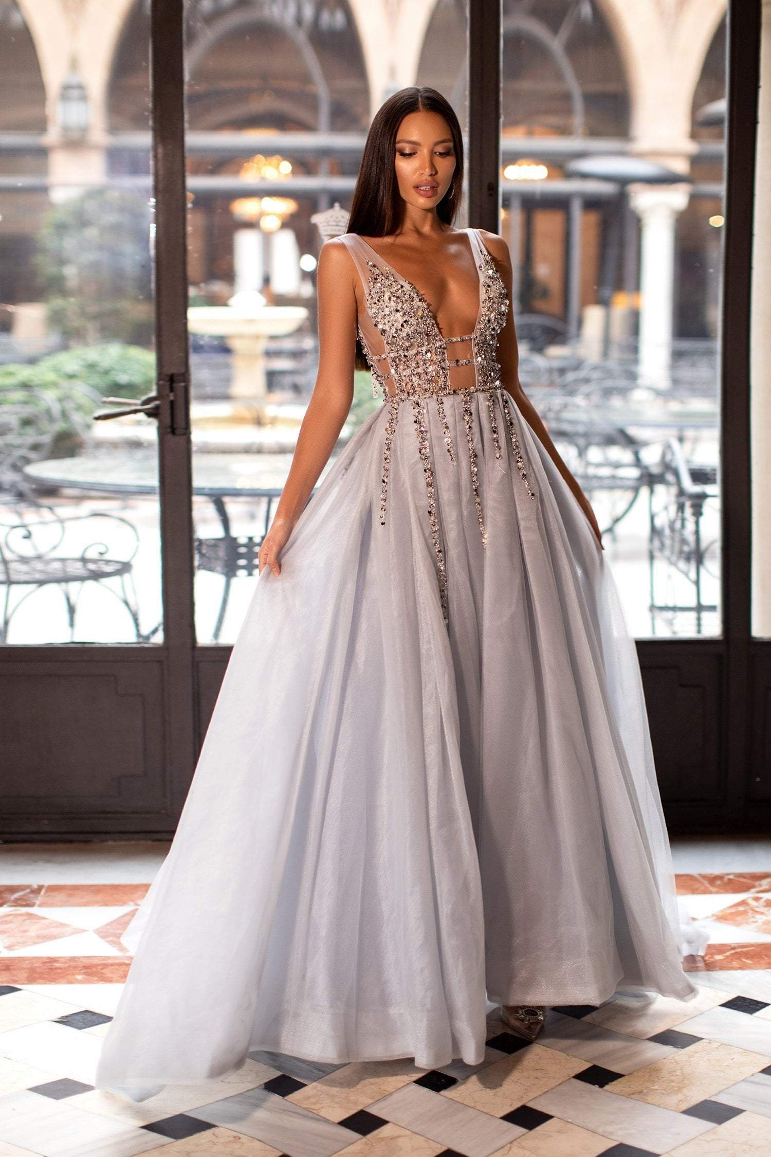 Yolanda Beaded Tulle Gown - Silver