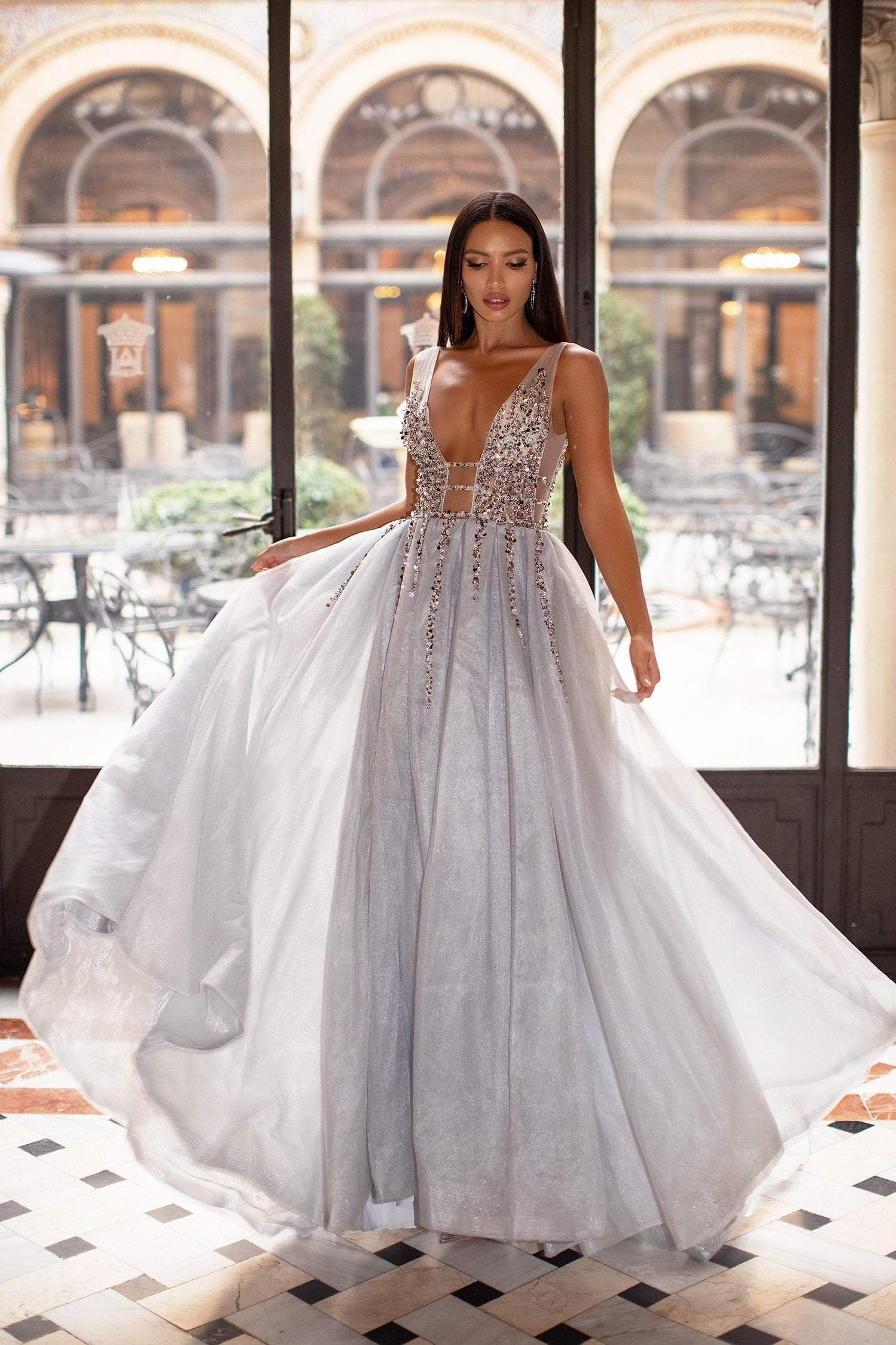 Yolanda Beaded Tulle Gown - Silver