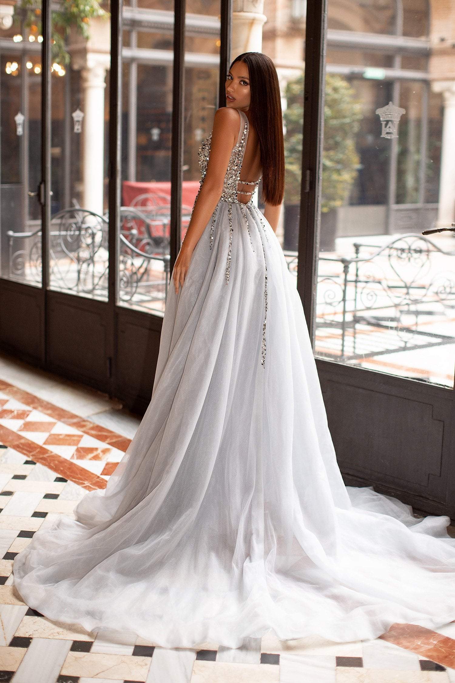 Yolanda Beaded Tulle Gown - Silver