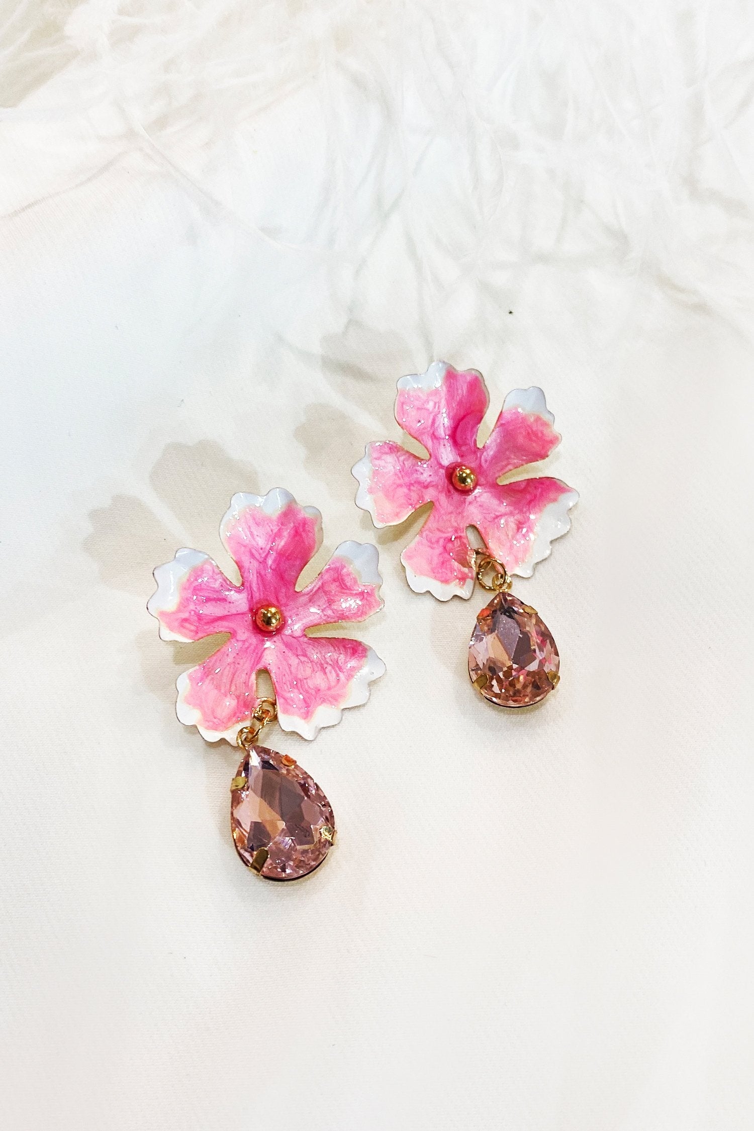 Nora Pink Flower Studs with Gem Detail