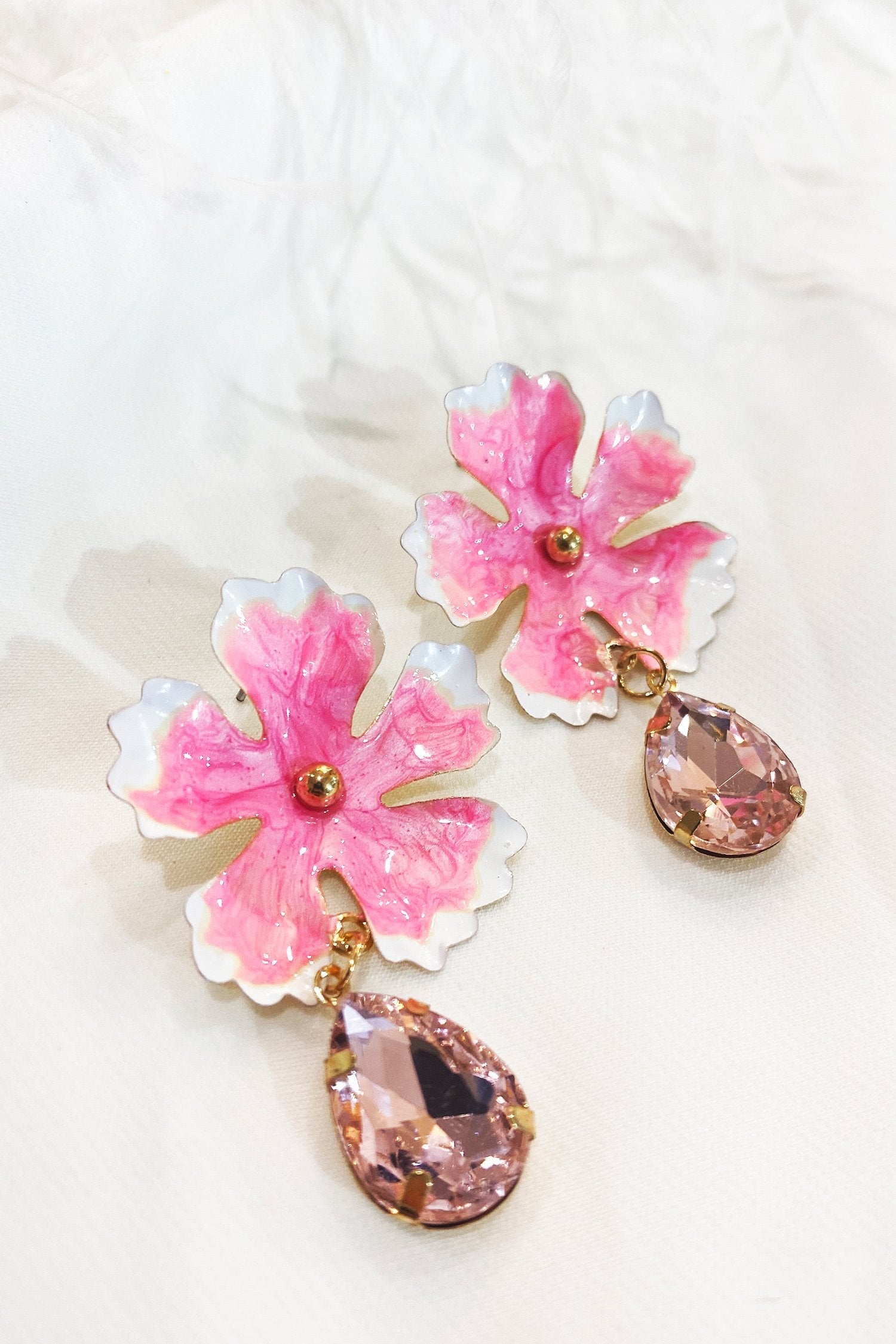 Nora Pink Flower Studs with Gem Detail