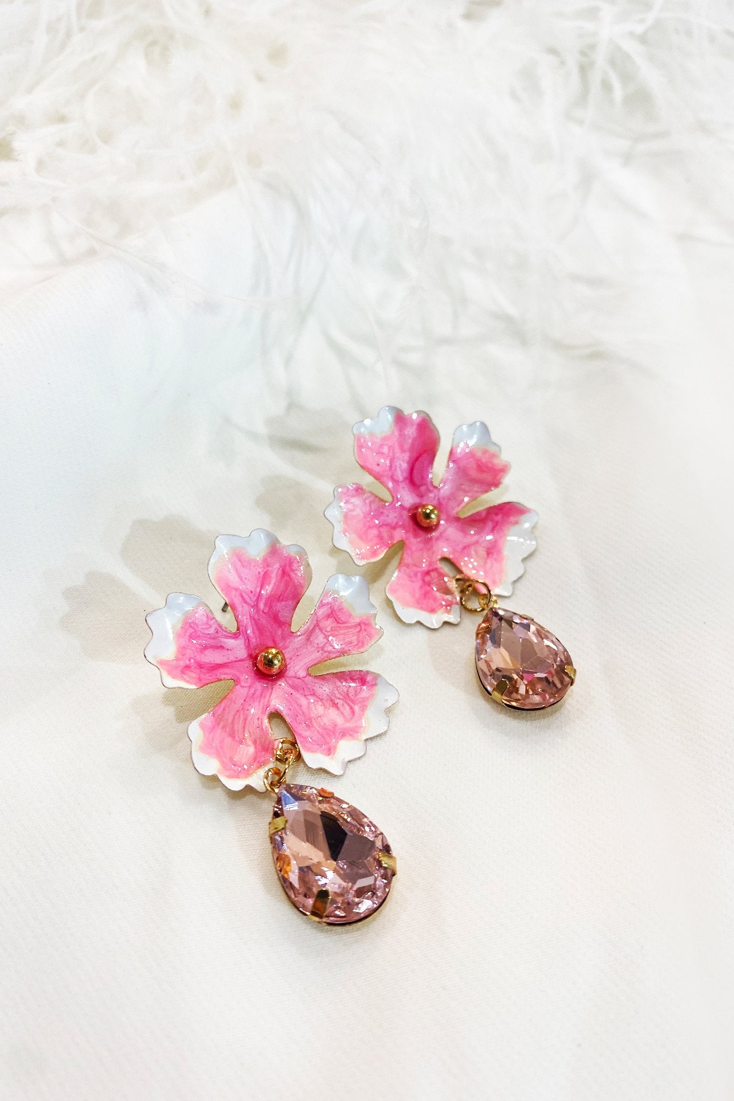 Nora Pink Flower Studs with Gem Detail