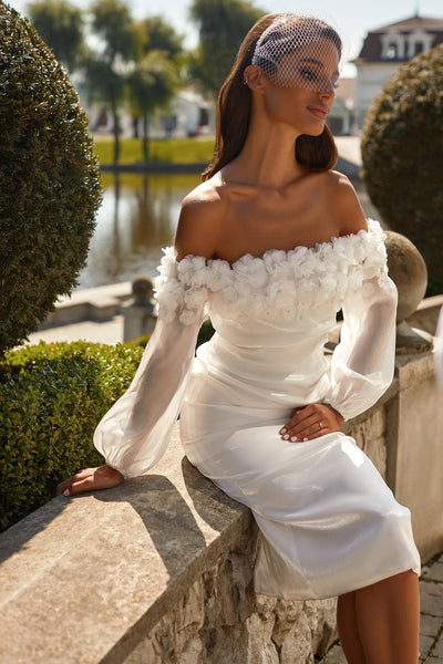 Karolina White A-line Dress with Long Balloon Sleeve | Afterpay