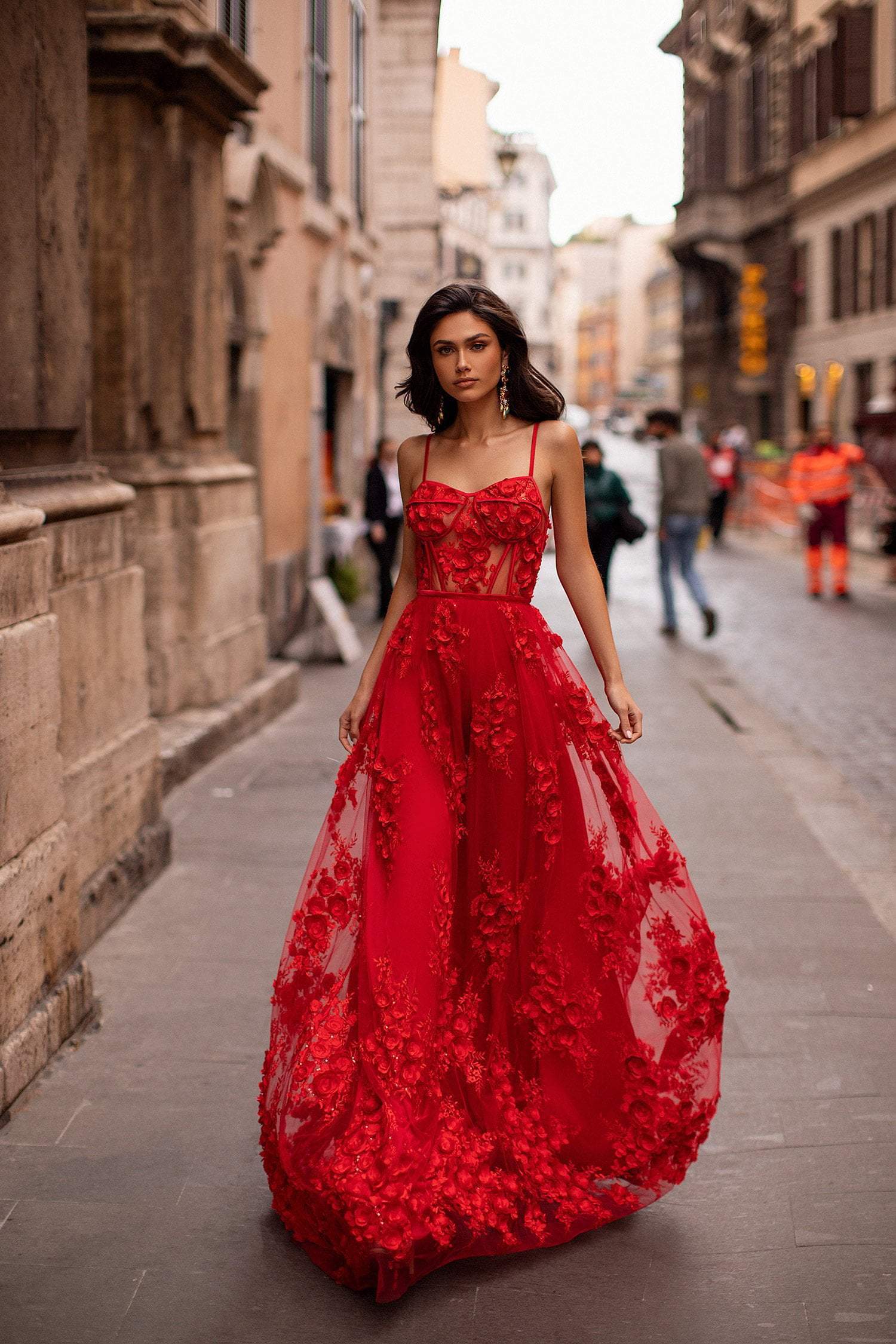 Red Embellished A-Line Tulle Gown with 
