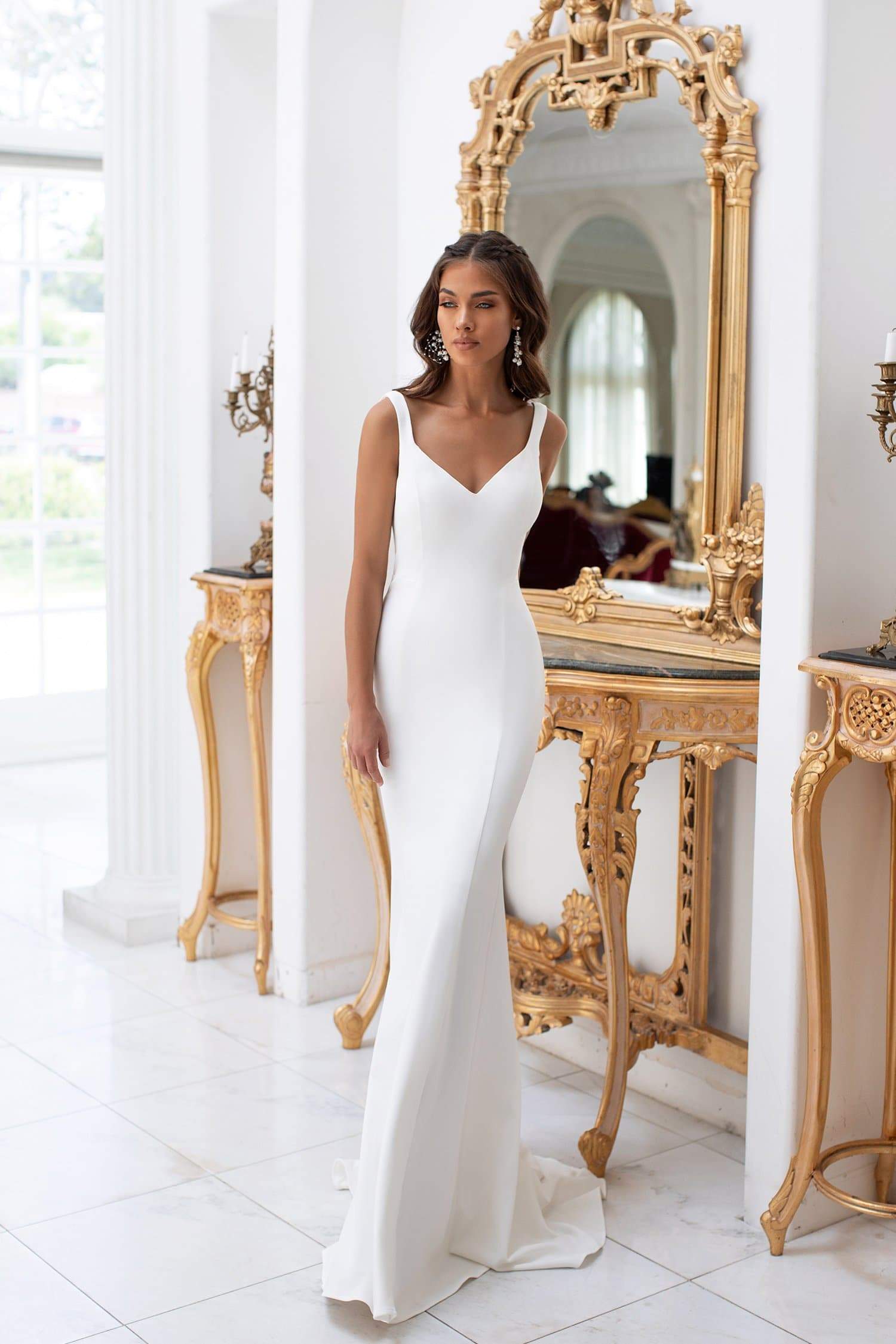 Celesta - White Mermaid Crepe Gown with 