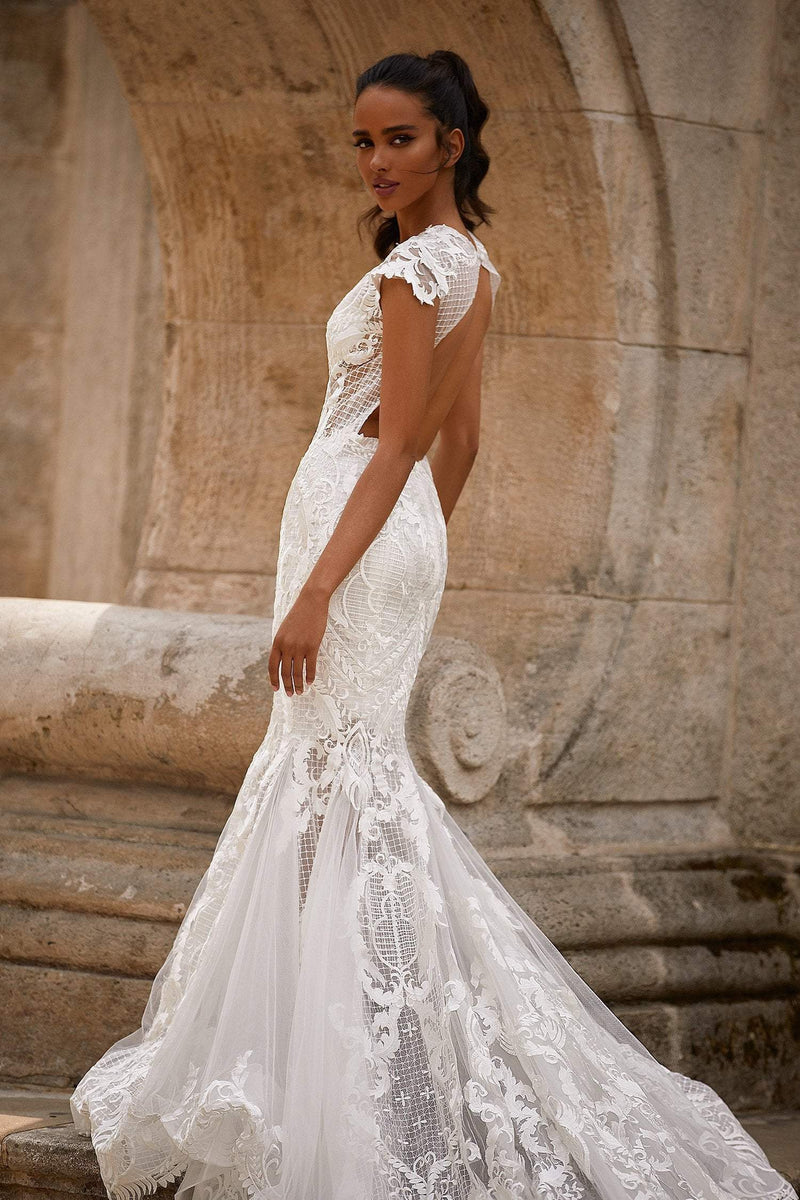 high neck lace mermaid wedding dress