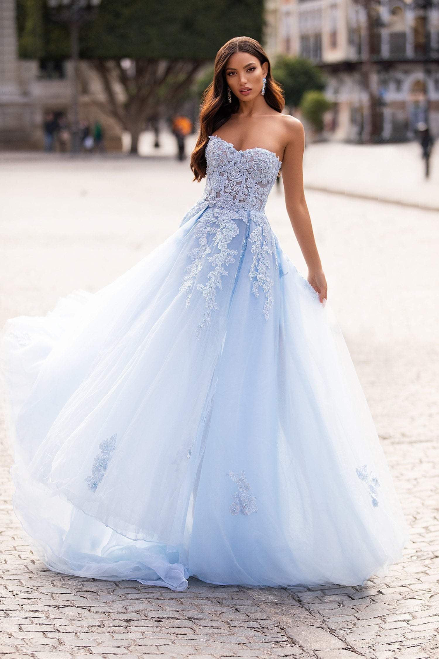 Estafania Beaded Tulle Gown - Baby Blue