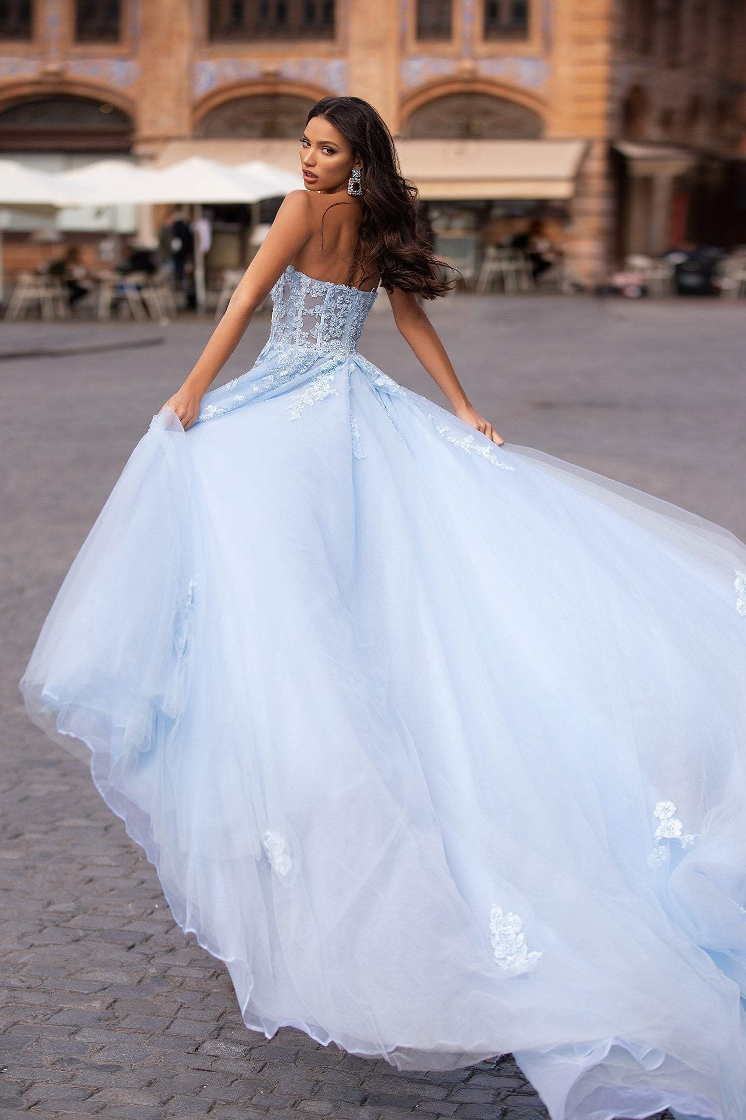 Estafania Beaded Tulle Gown - Baby Blue