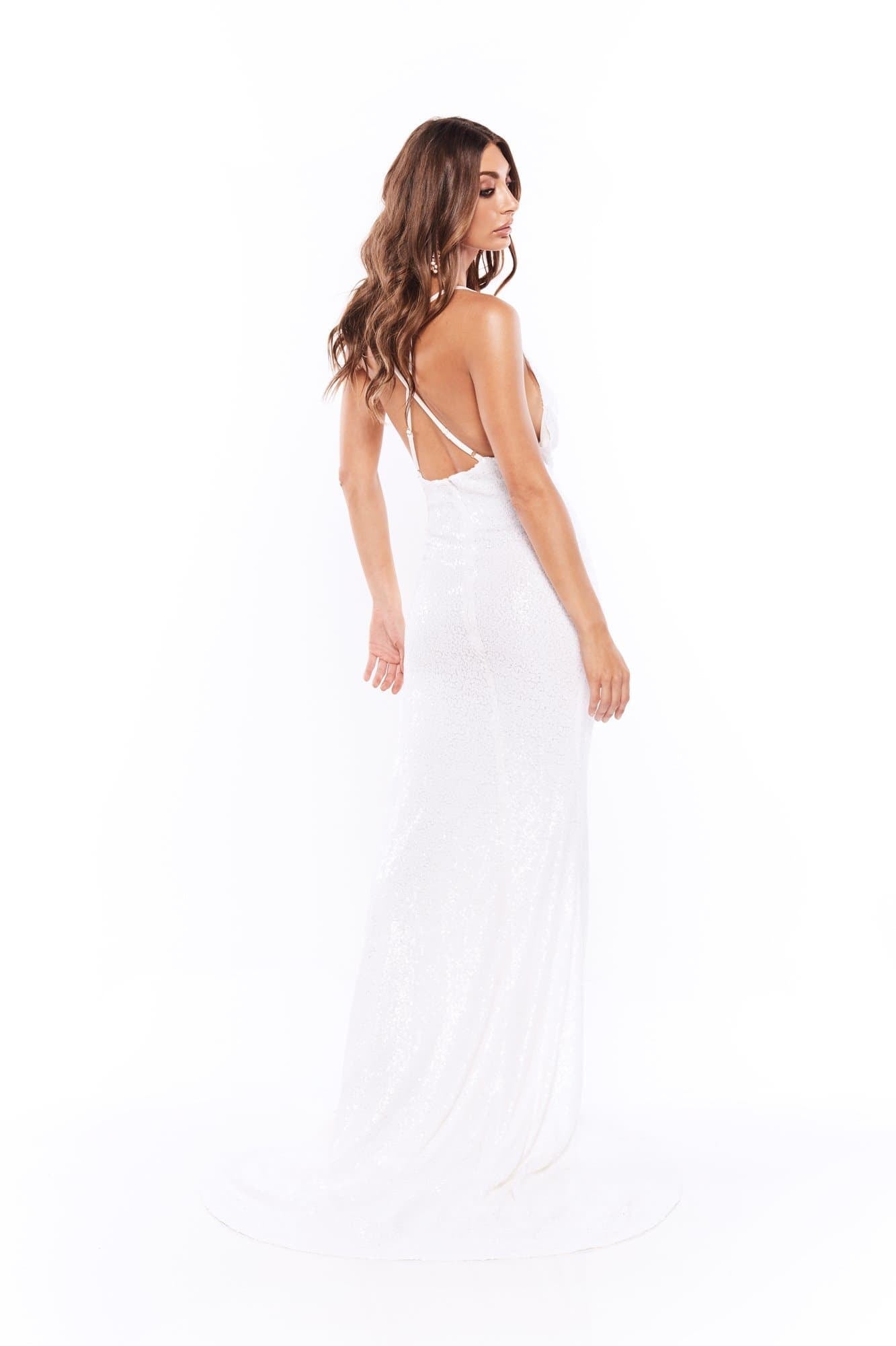 Andriana - White Sequin Gown with Cowl Neckline, Low Back & Side Slit
