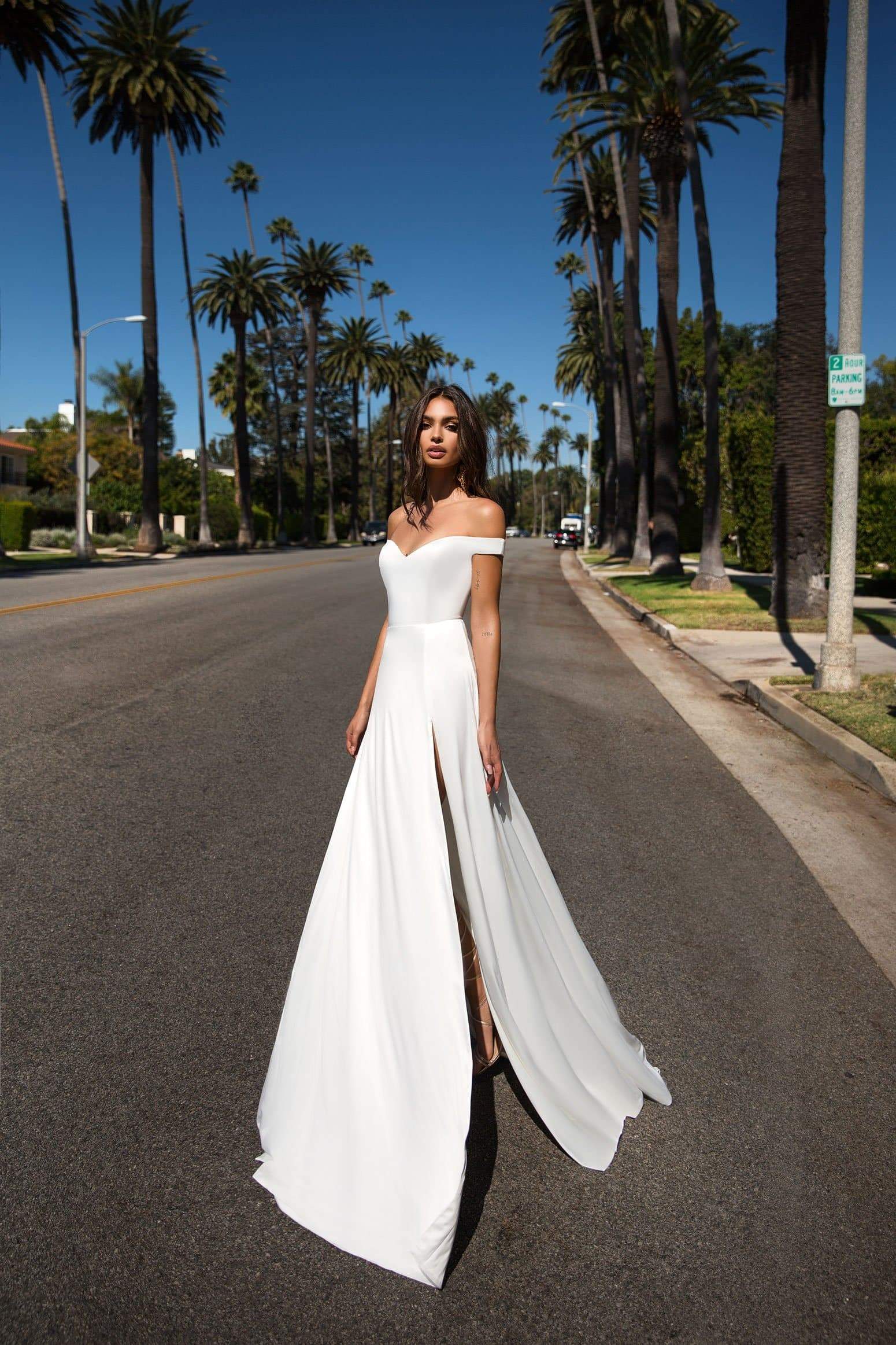 white satin off the shoulder dress