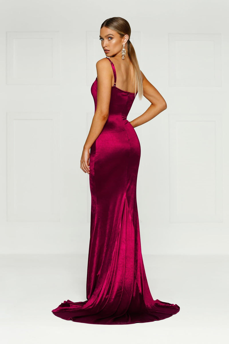 burgundy satin gown