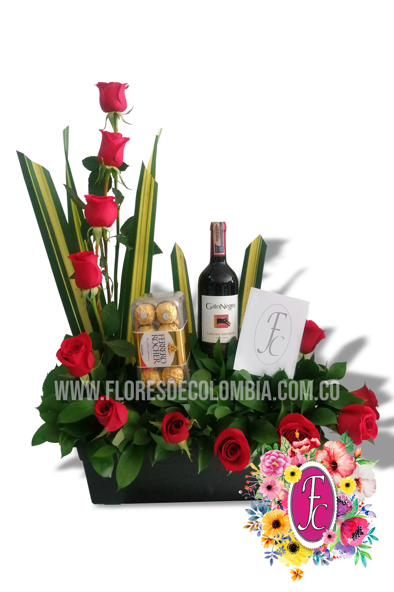 Media luna con vino y chocolates – Flores de Colombia