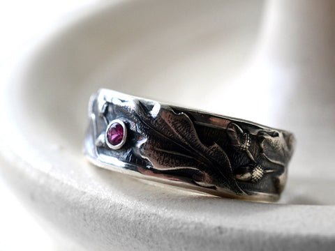 Tiny Inset Ruby Gemstone Oxidized Acorn & Oak Leaf Wedding Band