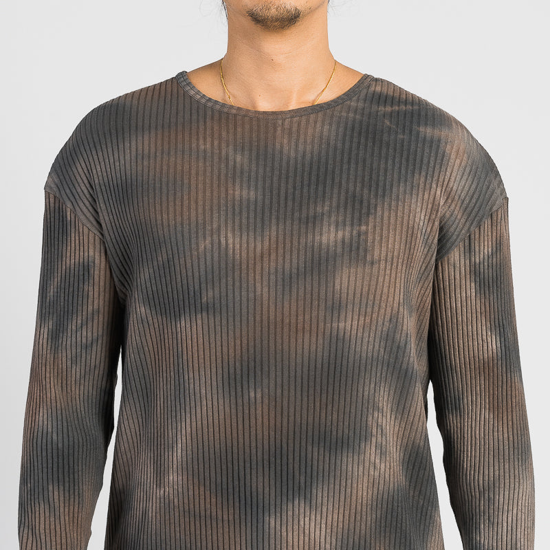 Long Sleeve Ribbed T-Shirt - Grey Tie-Dye