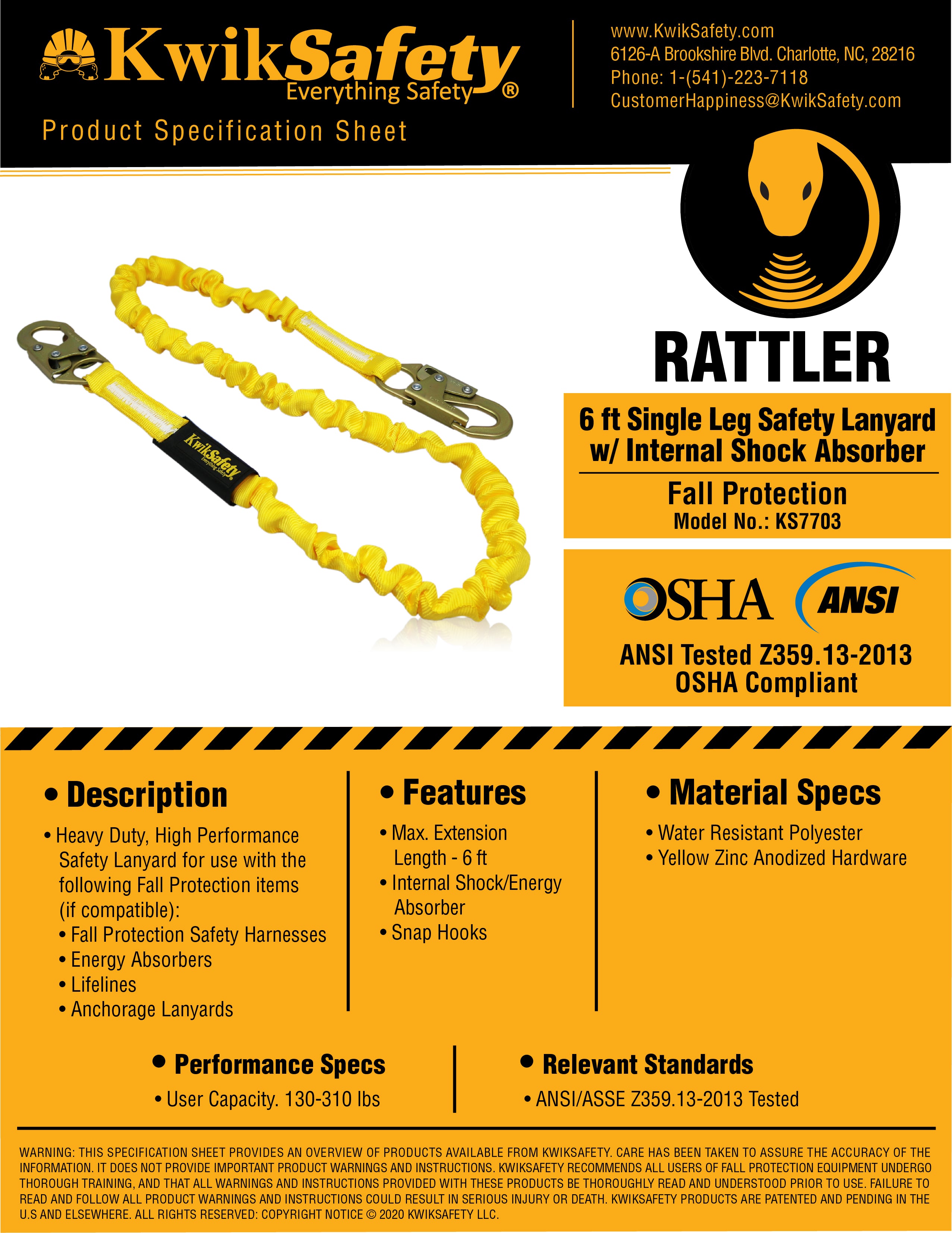 KwikSafety RATTLER 6' ANSI 1 Leg Fall Protection Shock Absorbing Safety ...